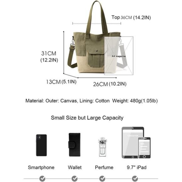 Canvas Tote Bag for Women Small Handbag with Zipper Shoulder - Picture 5 of 6